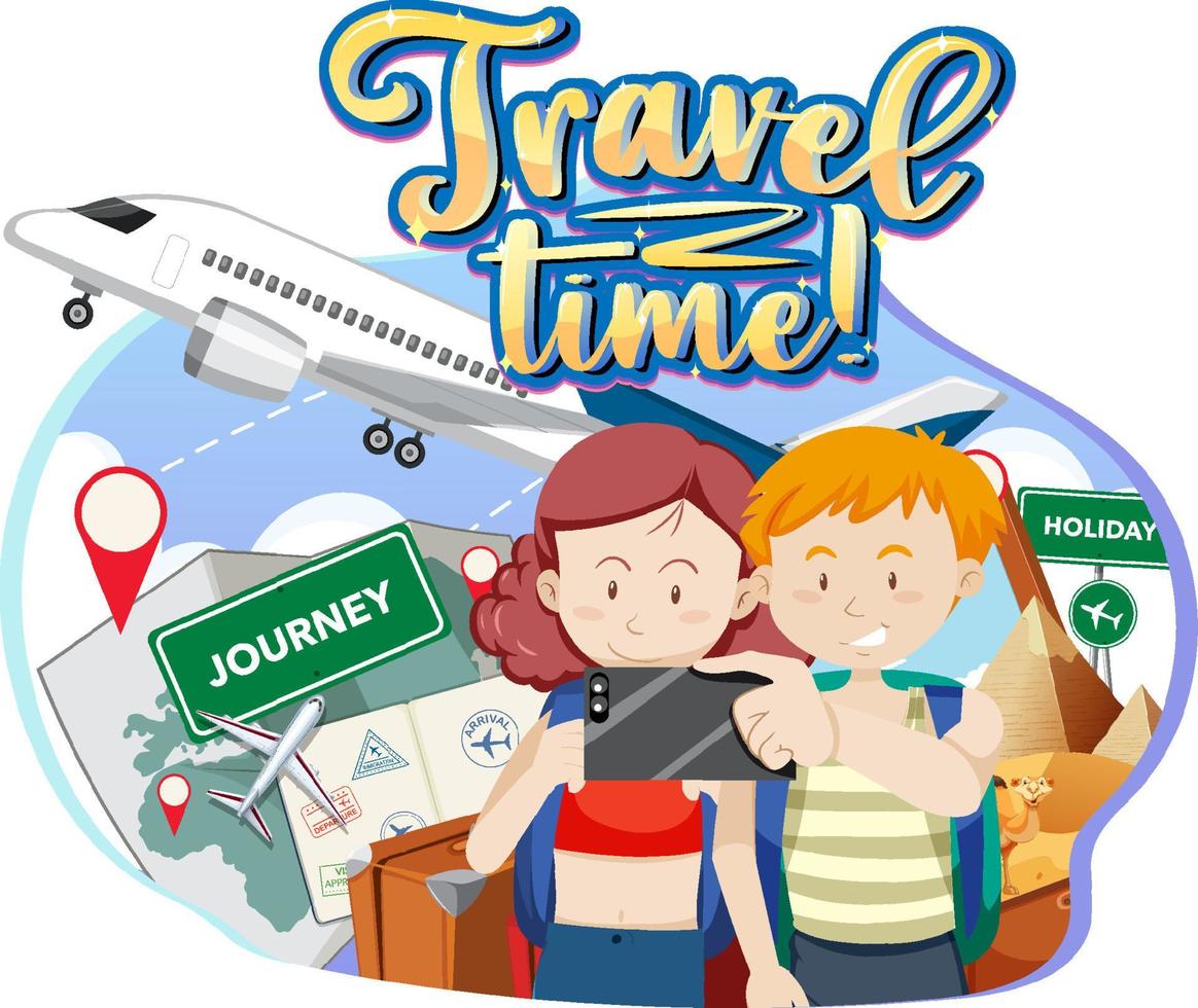 logo di tipografia del tempo di viaggio con coppia di viaggiatori vettore