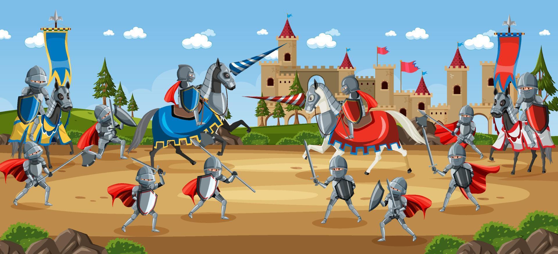 scena del torneo di cavalieri medievali vettore