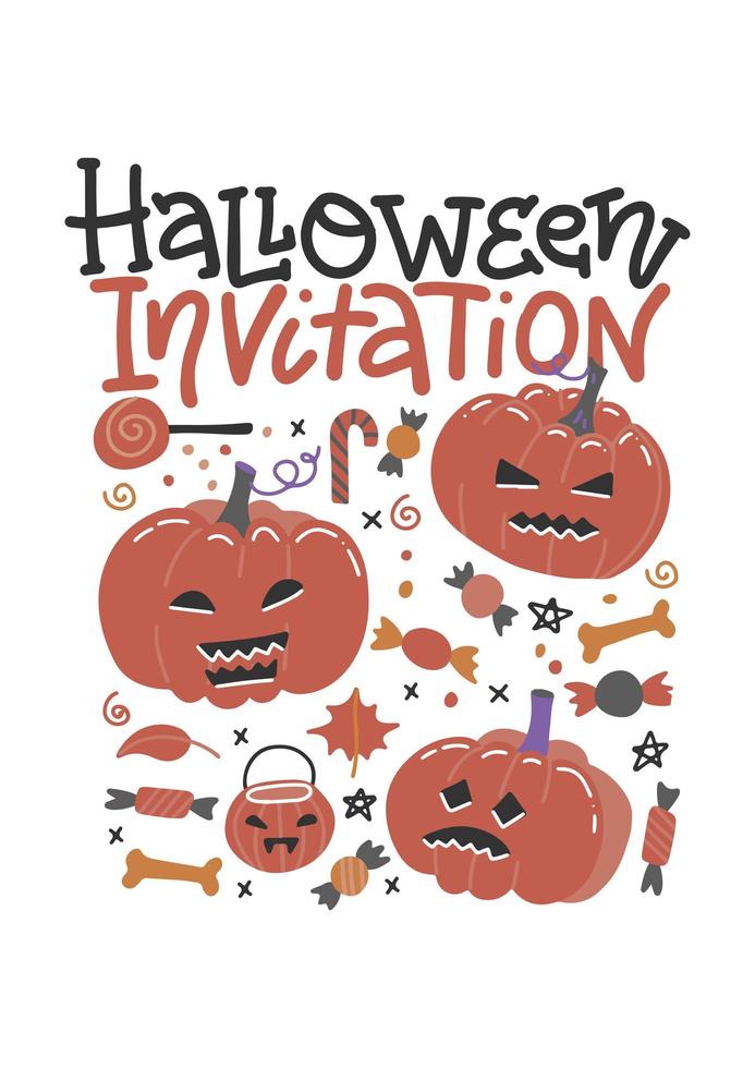 Halloween dolcetto o scherzetto promo poster modello vettoriale piatto. volantino di invito alla celebrazione delle vacanze di ottobre, layout dell'opuscolo con spazio di testo. illustrazione del fumetto di dolci e caramelle raccapriccianti