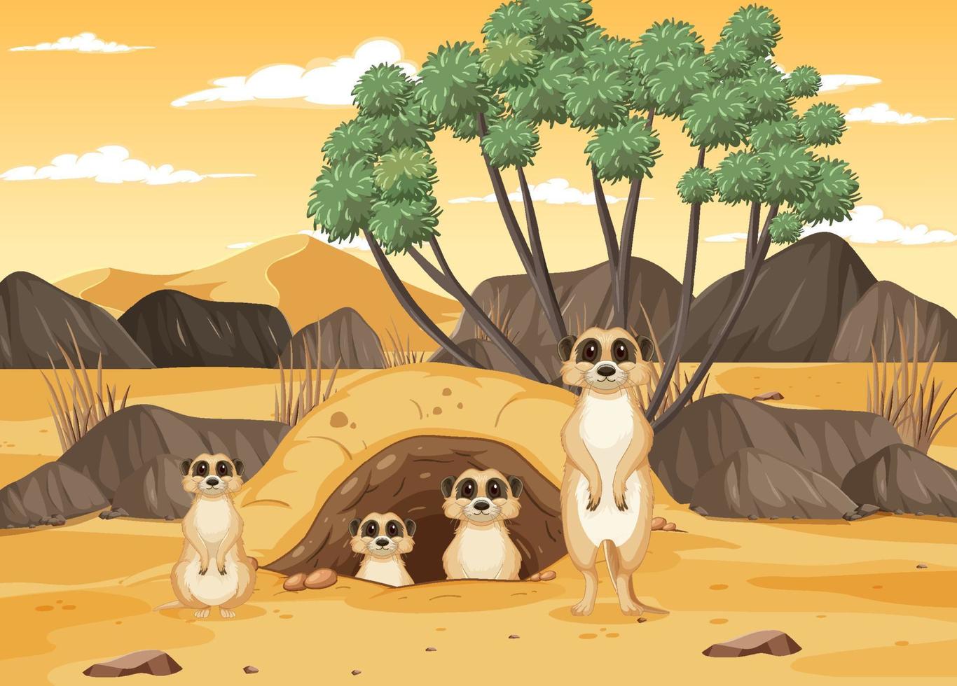 scena del deserto con piccoli suricati carini vettore