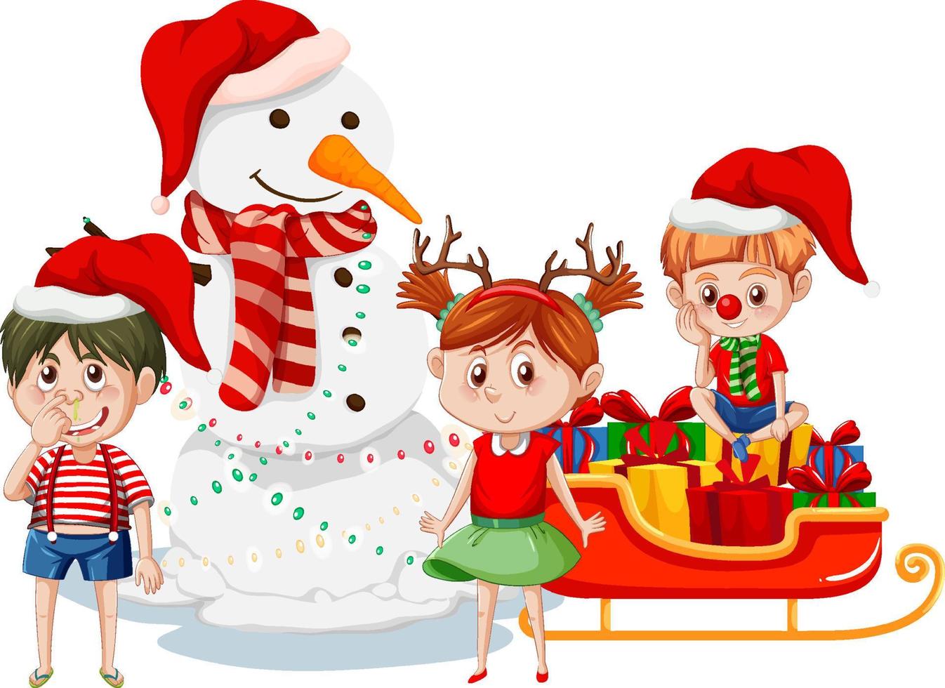 pupazzo di neve di natale con il personaggio dei cartoni animati di bambini felici vettore