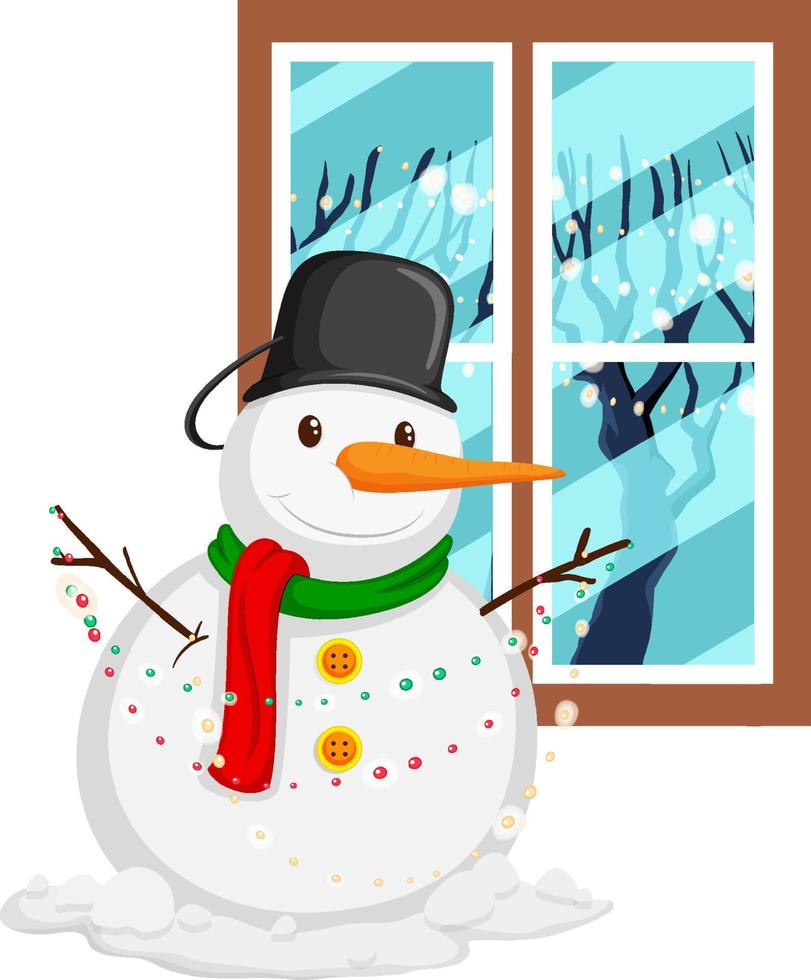 felice pupazzo di neve con decorazioni vicino alla finestra vettore