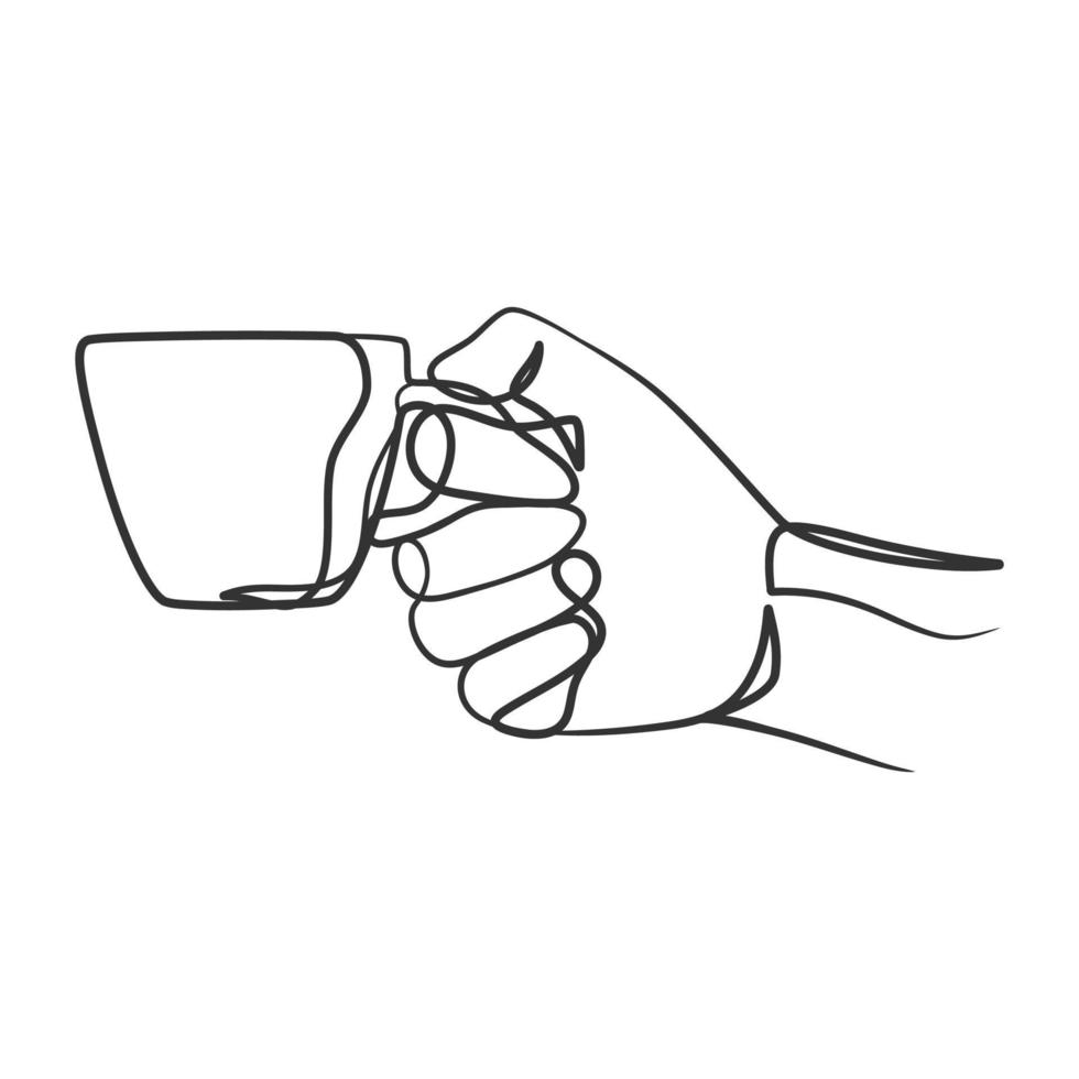 disegno artistico a linea continua di mani che tengono una tazza di caffè o tè vettore