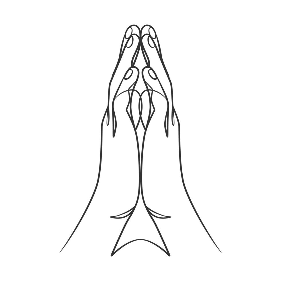 disegno a tratteggio continuo della mano in preghiera. mani in preghiera un disegno a tratteggio vettore