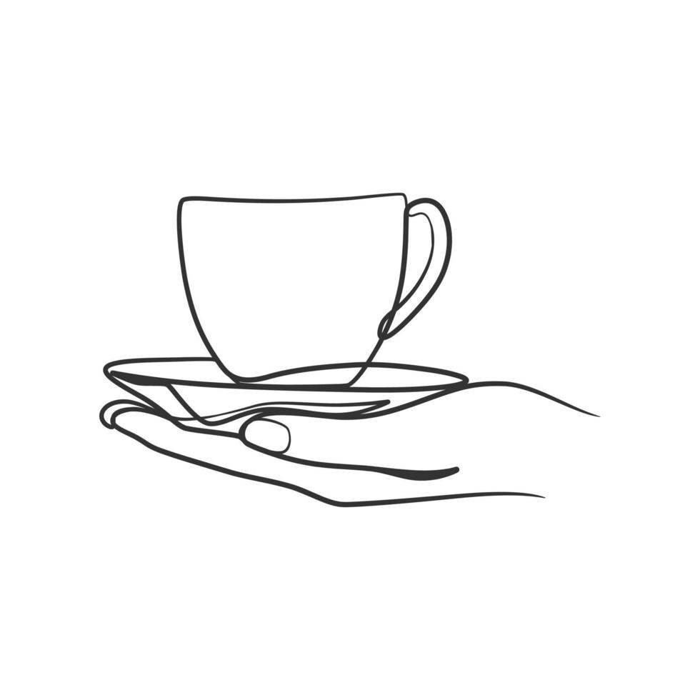 disegno artistico a linea continua di mani che tengono una tazza di caffè o tè vettore