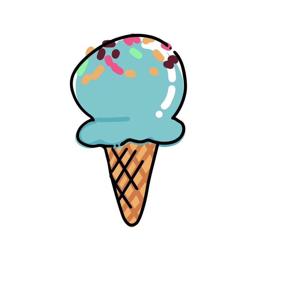 gelato blu nello schizzo del cono di cialda. illustrazione isolata del fumetto disegnato a mano su una priorità bassa bianca. dolce delizioso cibo da dessert freddo, spuntino. disegno stilizzato cartone animato linea arte. scarabocchio. vettore