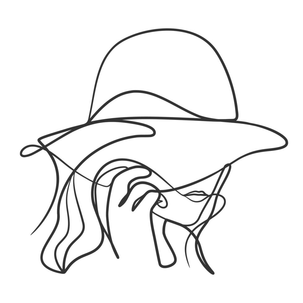 disegno in linea continua del viso di donna con cappello vettore