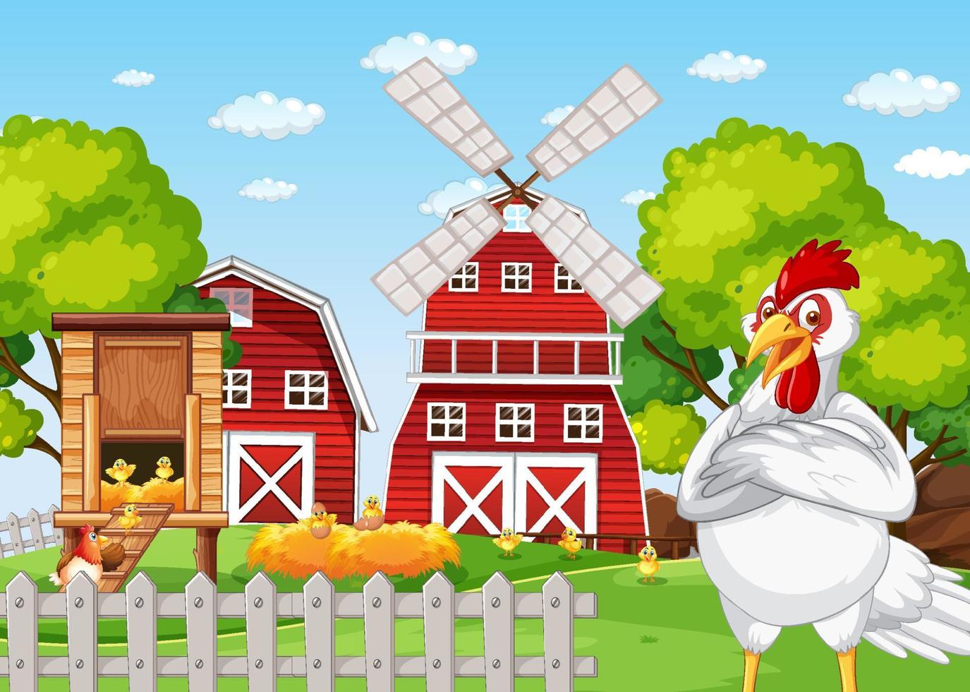 un personaggio dei cartoni animati di pollo in piedi davanti alla fattoria vettore