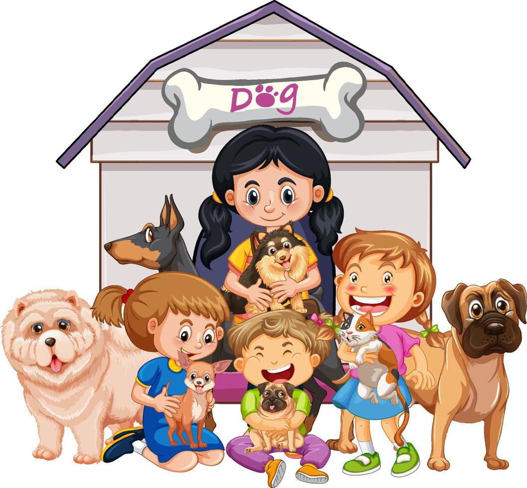 bambini con molti cani in stile cartone animato vettore