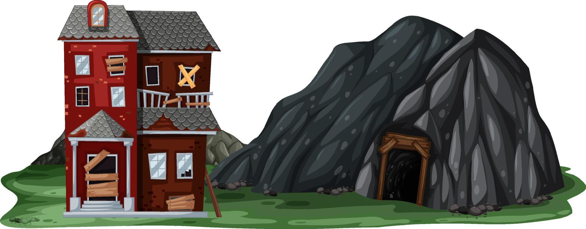 una casa abbandonata con una grotta di roccia su sfondo bianco vettore