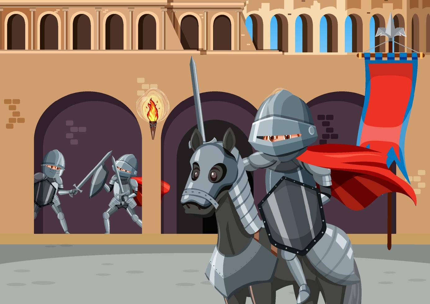 scena medievale con cavaliere a cavallo vettore