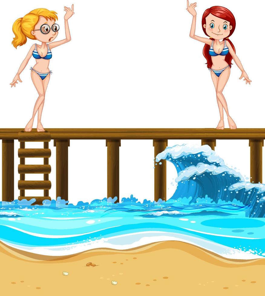due ragazze in costume da bagno in piedi sul molo di legno vettore
