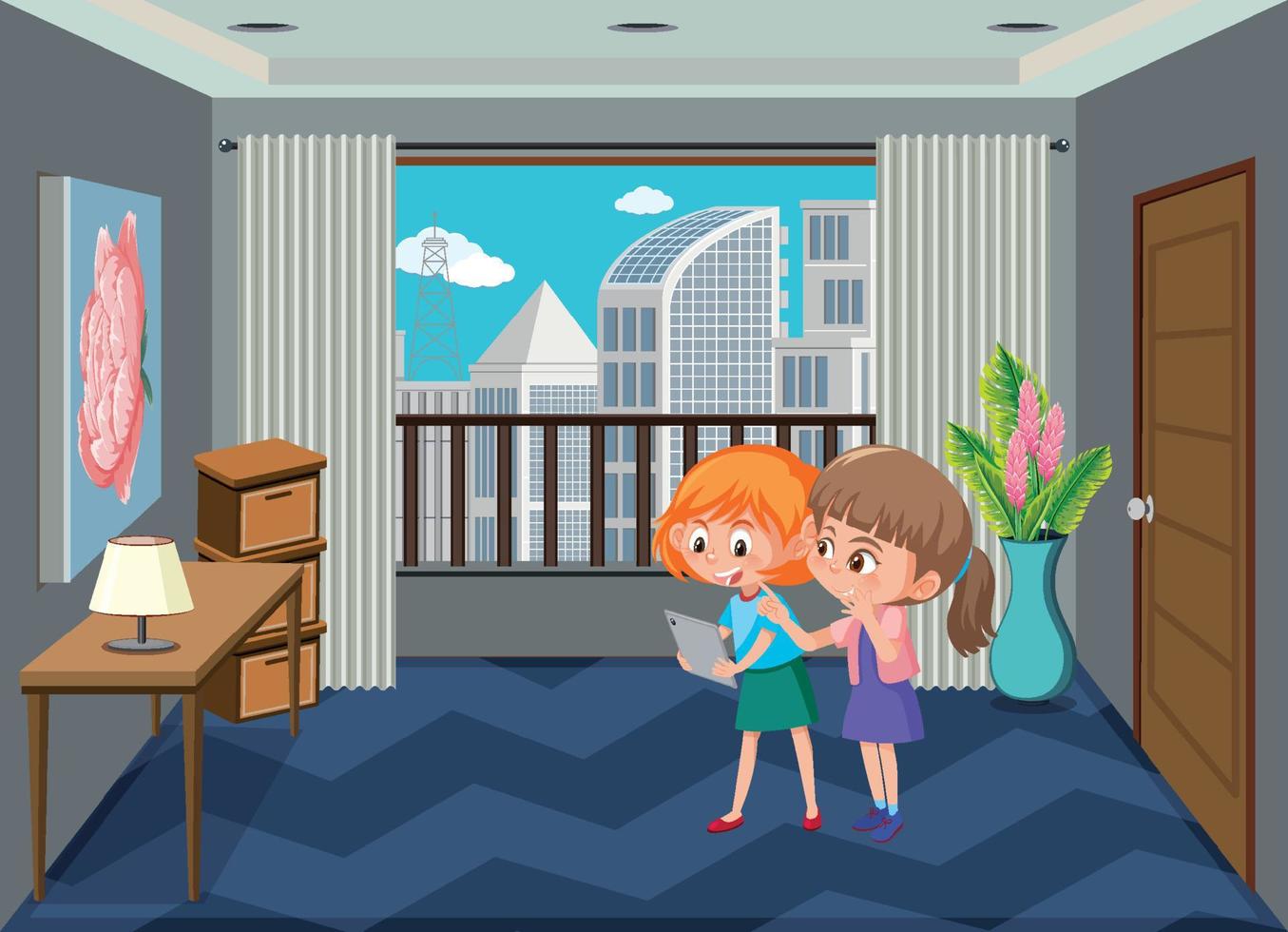 scena del soggiorno con i membri della famiglia in stile cartone animato vettore