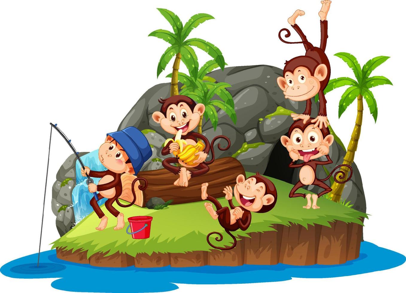 isola isolata con molte scimmie cartone animato vettore