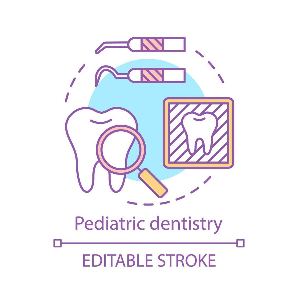 icona del concetto di odontoiatria pediatrica. dentista per bambini, ortodontista. dispositivi dentali. prevenzione della carie. aiuto chirurgico. icona linea sottile idea cura dentale per bambini. disegno di contorno isolato vettoriale. tratto modificabile vettore