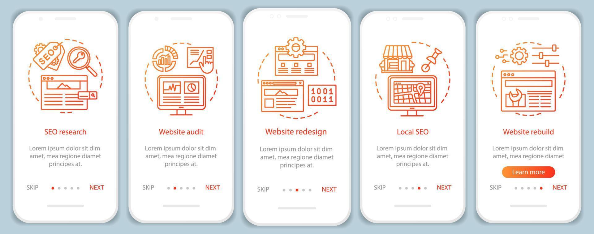 modello vettoriale dello schermo della pagina dell'app mobile per l'onboarding della consulenza web. ricerca seo. riprogettazione del sito web, audit. procedura dettagliata del sito Web con illustrazioni lineari. ux, ui, gui concetto di interfaccia per smartphone