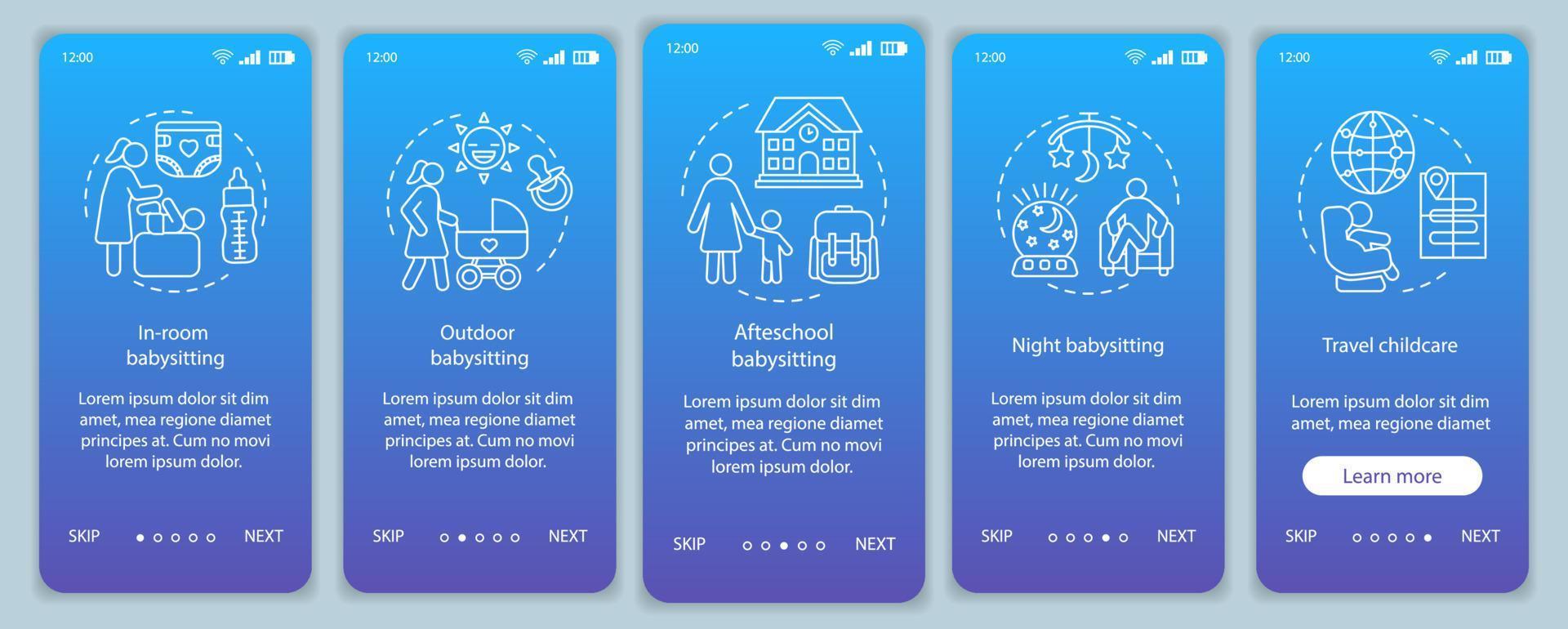 tipi di servizi di babysitter onboarding modello vettoriale dello schermo della pagina dell'app mobile. assistenza all'infanzia. baby sitter dell'hotel, tata. procedura dettagliata del sito Web con illustrazioni lineari. Interfaccia per smartphone ux, ui, gui