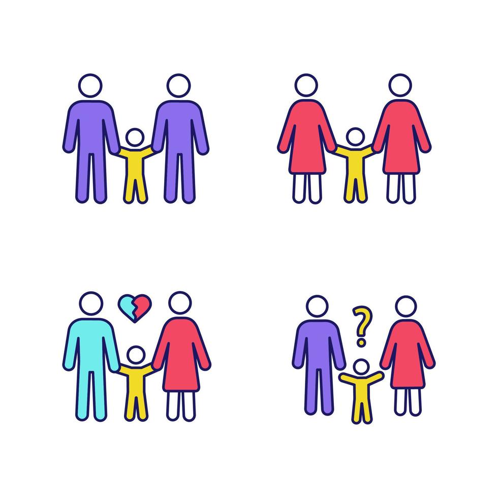 set di icone di colore per la custodia dei figli. paternità. famiglie lgbt. genitorialità omosessuale, divorzio, valutazione dell'affidamento dei figli. illustrazioni vettoriali isolate