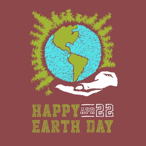 Schizzo di concetto di giornata della terra disegnato a mano di vettore. Mani umane che tengono globo con sfondo di stelle. Lettering Earth Day vettore