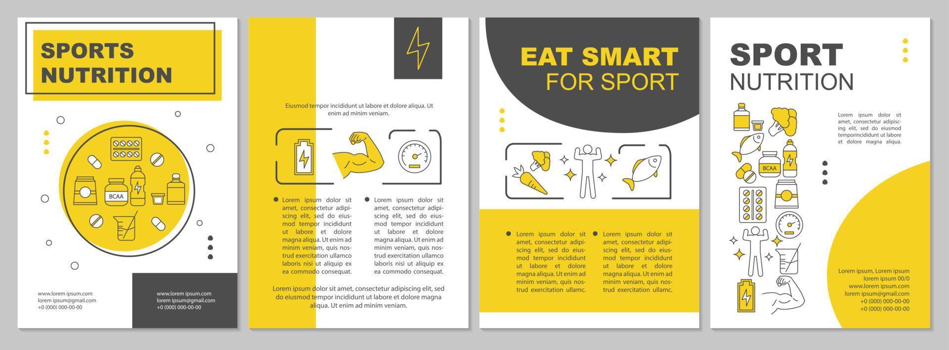 modello di brochure di nutrizione sportiva. bodybuilding. volantino, opuscolo, design di stampa di volantini. mangiare sano. integratori e vitamine. stare a dieta. layout vettoriali per riviste, reportage, manifesti pubblicitari