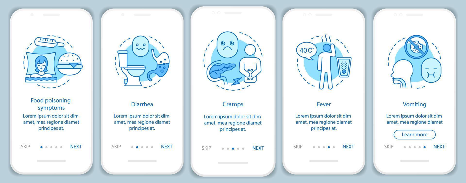 sintomo di intossicazione alimentare onboarding modello vettoriale dello schermo della pagina dell'app mobile. malattia di origine alimentare. diarrea, crampi, febbre, vomito. procedura dettagliata del sito Web. ux, ui, gui concetto di interfaccia per smartphone