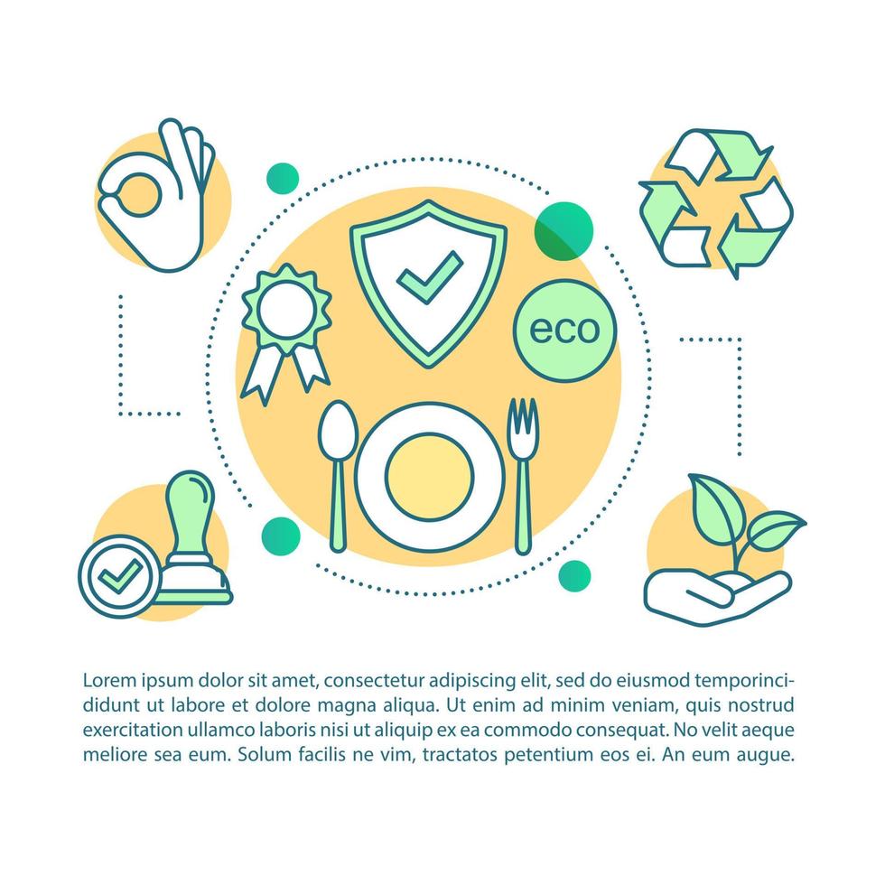 illustrazione lineare del concetto di sicurezza alimentare. prodotti ecologici. articolo, brochure, pagina di una rivista. cibo organico. icone di linea sottile con testo. disegno di stampa. disegno di contorno isolato vettoriale