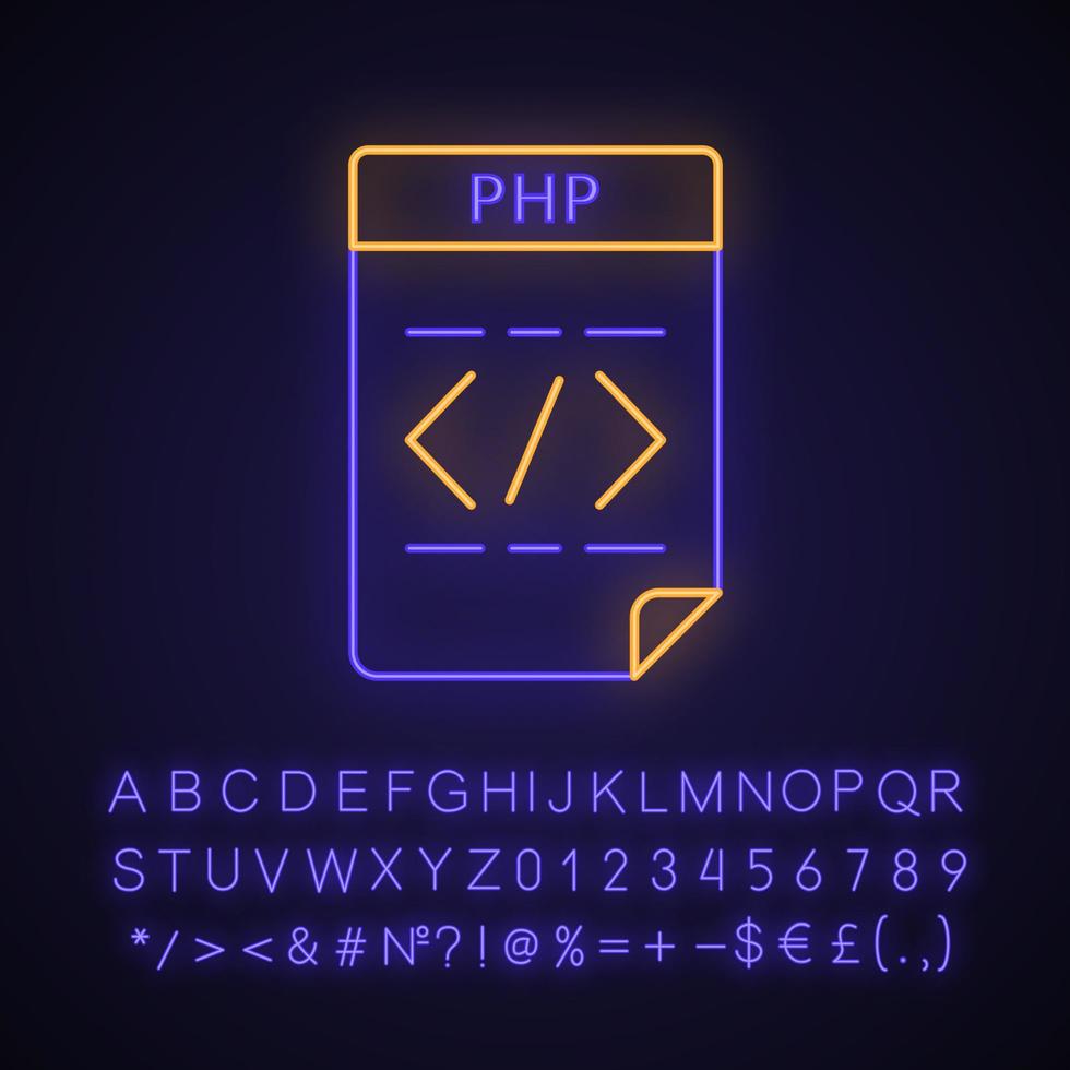 icona della luce al neon del file php. file di codice sorgente. Preprocessore Ipertestuale. segno luminoso con alfabeto, numeri e simboli. illustrazione vettoriale isolato