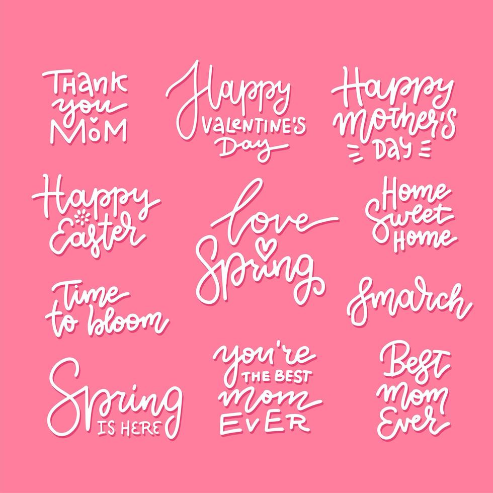 set di scritte disegnate a mano sulle vacanze primaverili - Pasqua, festa della mamma, 8 marzo. calligrafia vettoriale lineare.