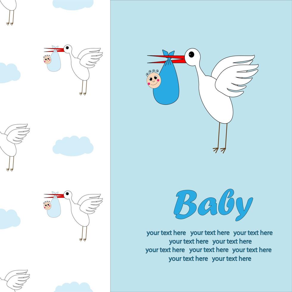 una cicogna porta un bambino tra le nuvole. una cartolina sulla nascita di un bambino. illustrazione. vettore