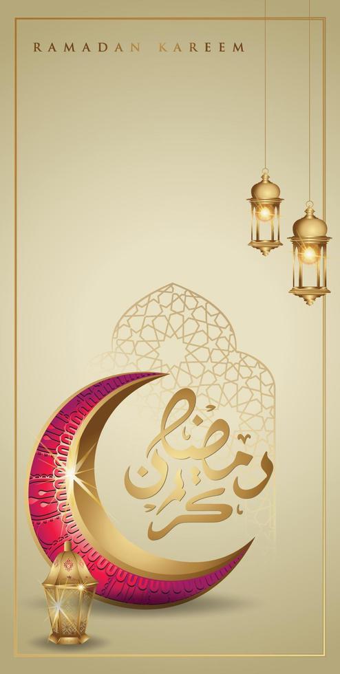 ramadan kareem con lussuosa luna crescente dorata e lanterna tradizionale, modello islamico ornato biglietto di auguri vettore per interfaccia mobile design sfondi smartphone, cellulari, dispositivi.