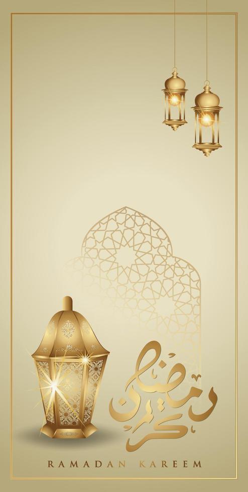ramadan kareem con lussuosa luna crescente dorata e lanterna tradizionale, modello islamico ornato biglietto di auguri vettore per interfaccia mobile design sfondi smartphone, cellulari, dispositivi.