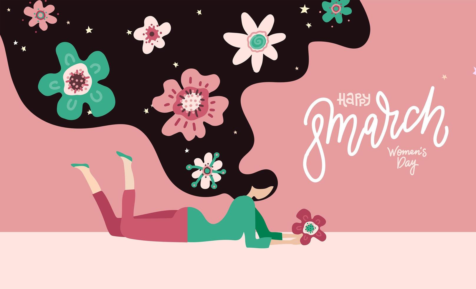 buona festa della donna - 8 marzo. giovane donna sdraiata con i capelli lunghi con fiori. illustrazione vettoriale disegnata a mano piatta con caratteri di linea