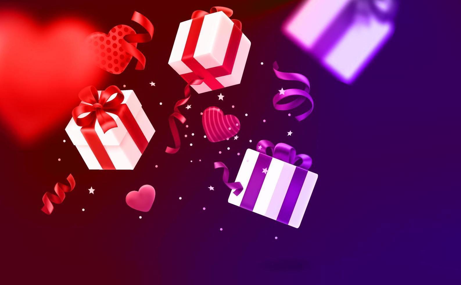 biglietto di San Valentino con scatole regalo che cadono, cuori, nastri e coriandoli. bandiera vettoriale 3d