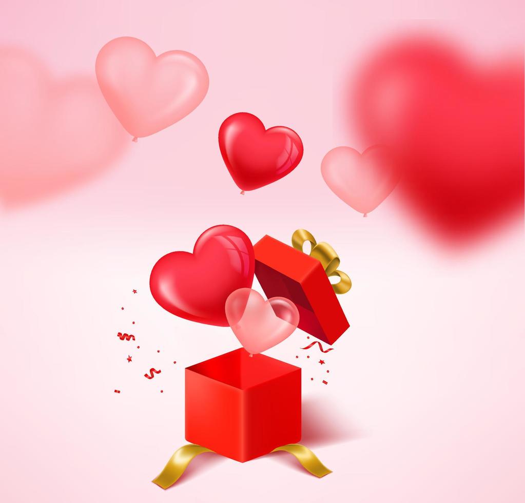 illustrazione di san valentino con palloncini e confezione regalo. illustrazione vettoriale 3d