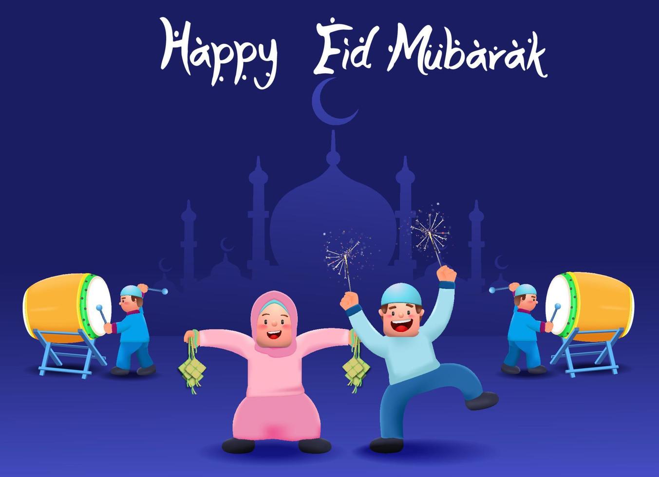 bambini felici che salutano eid al fitr, realistico bedug 3d, marhaban ya ramadhan vettore