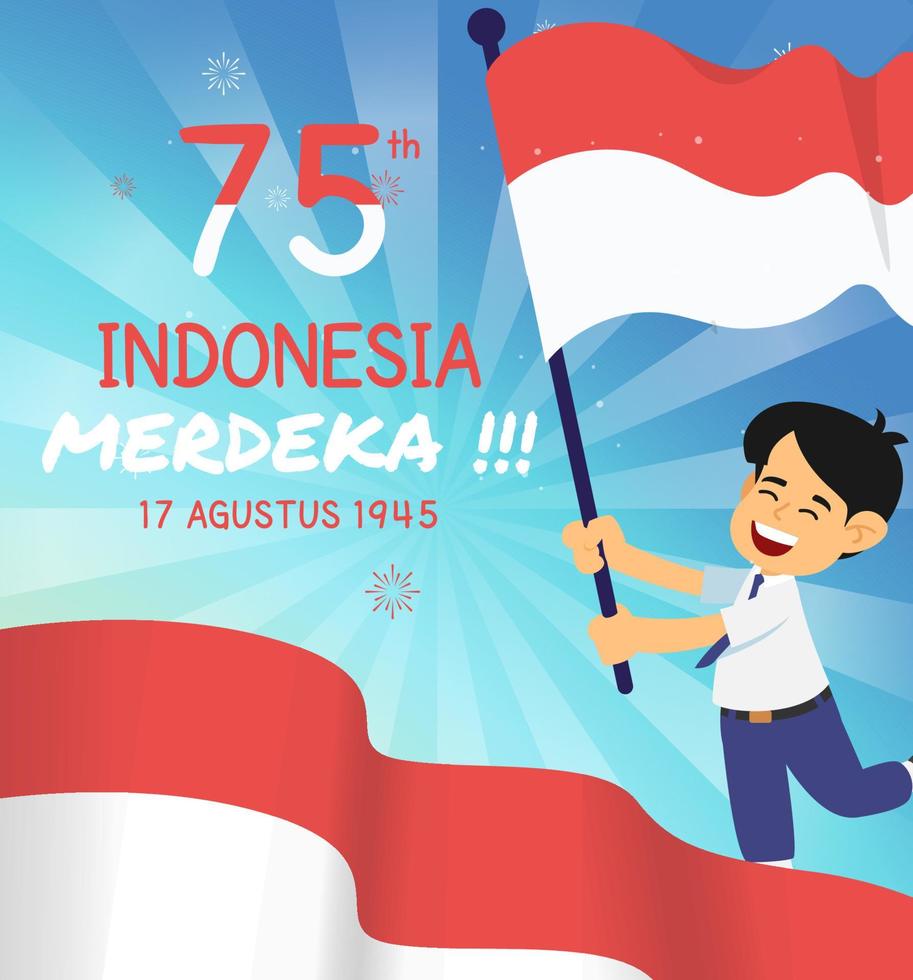 ragazzo della scuola elementare che tiene bandiera indonesiana per celebrare il giorno dell'indipendenza dell'illustrazione vettoriale dell'indonesia