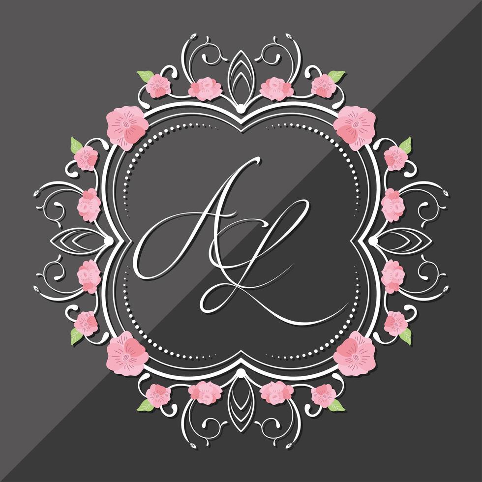 cornice monogramma lettere e rose d'argento vettore