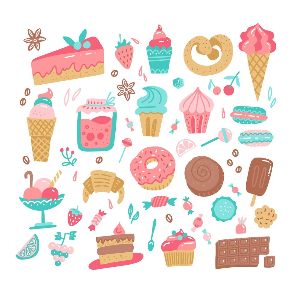 insieme di vari scarabocchi di colore disegnati a mano semplici dolci e caramelle illustrazione. illustrazione vettoriale isolato su sfondo bianco