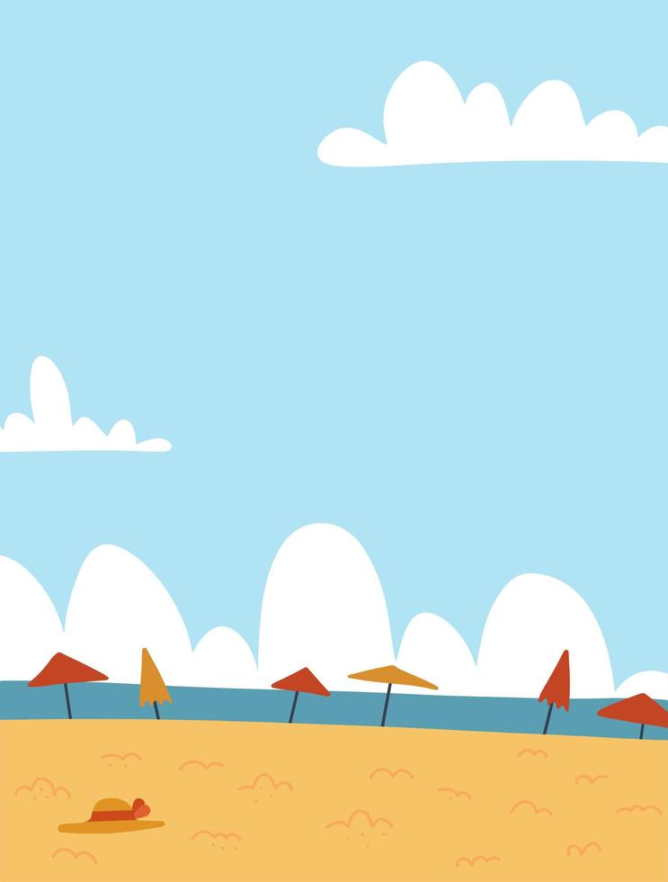 sfondo di paesaggio marino estivo. spiaggia di sabbia con molti ombrelloni e nuvole bianche. illustrazione del fumetto piatto vettoriale con spazio libero per il testo. sfondo del modello di poster