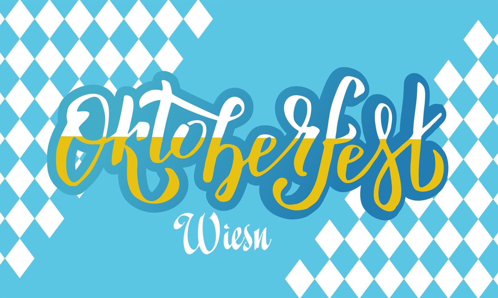 logotipo di lettere scritte a mano dell'oktoberfest wiesn su motivo bavarese bianco e blu. bandiera di vettore del festival della birra. tipografia scritta blu, bianca per poster, carta. la parola è piena di birra schiumosa