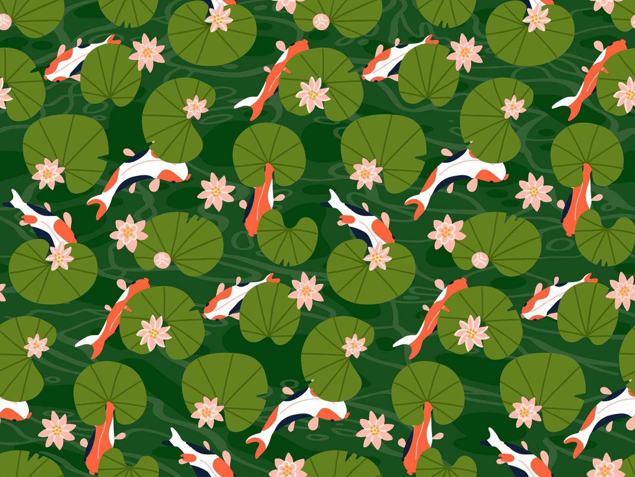 carpe koi pesci sotto foglie di loto verde senza cuciture illustrazione vettoriale. molti pesci rossi nuotano nello stagno d'acqua. illustrazione vettoriale piatta.