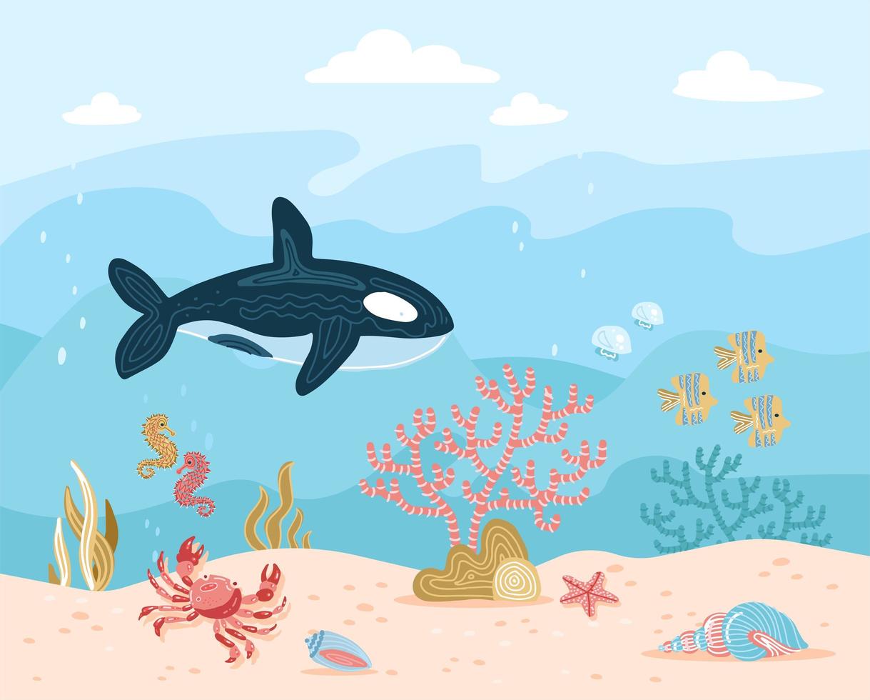 fondo dell'illustrazione subacquea del fumetto di vettore disegnato a mano con fondo dell'oceano, barriere coralline, alghe, abitanti marini, pesci, balena assassina, cavalluccio marino, stelle marine, conchiglie, sabbia sulle onde dell'acqua blu