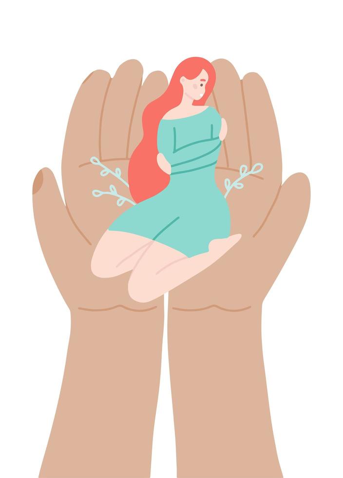 bella donna seduta sulle ginocchia, che si abbraccia. mani enormi la sostengono. concetto di aiuto psicologo per la giovane donna depressa. illustrazione piatta vettoriale del problema di salute mentale. supporto interiore