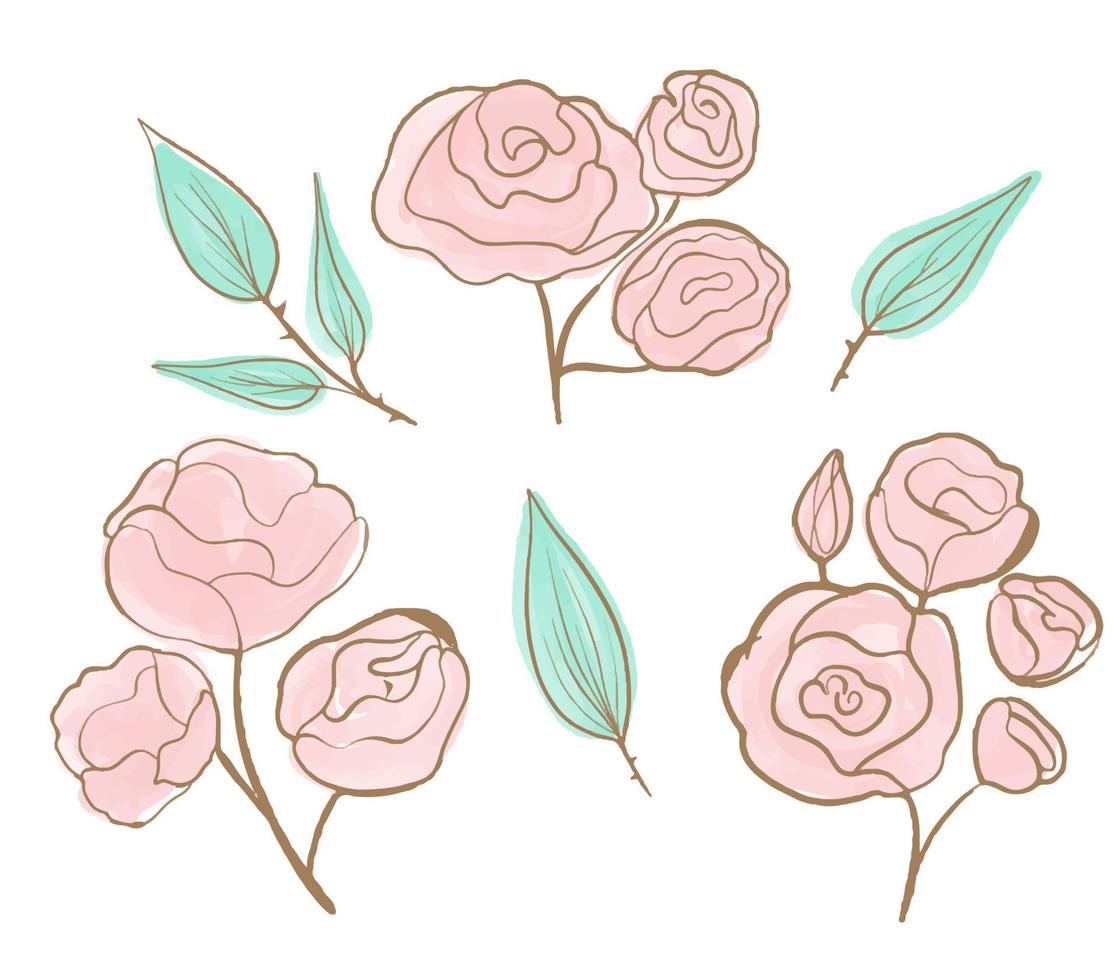 set di ramo floreale. fiore rosa rosa, foglie verdi. concetto di vettore di nozze con i fiori. poster floreale, invito. rose disegnate con una linea dorata e acquerello rosa.