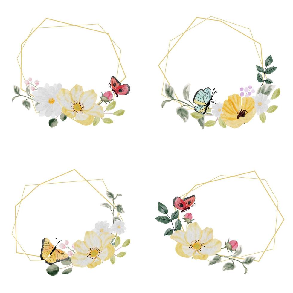 corona di fiori colorati disegnati a mano ad acquerello e bouquet di foglie verdi con cornice dorata e collezione di farfalle isolati su sfondo bianco vettore