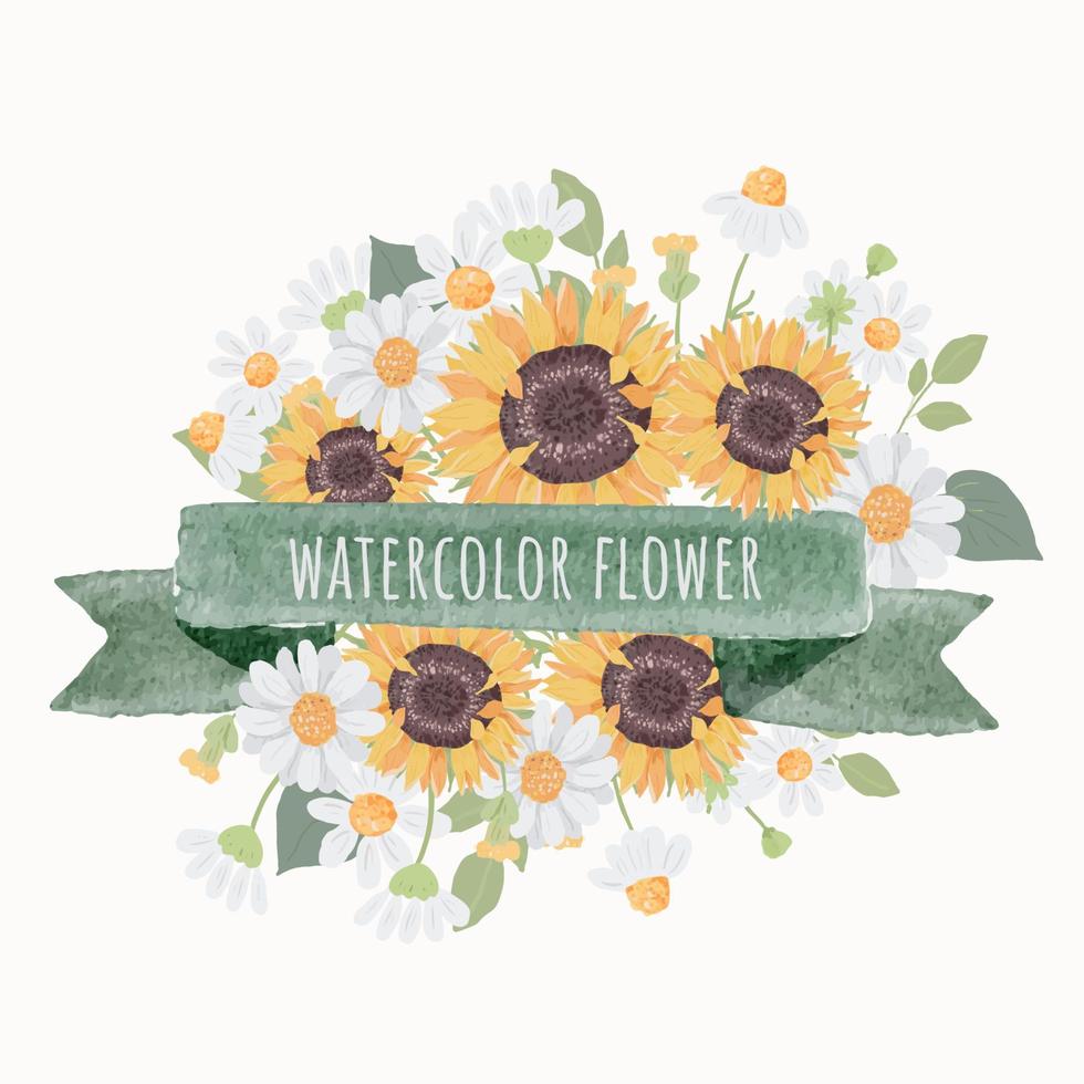 corona di bouquet di girasole carino disegnare a mano ad acquerello con nastro verde per banner o logo vettore