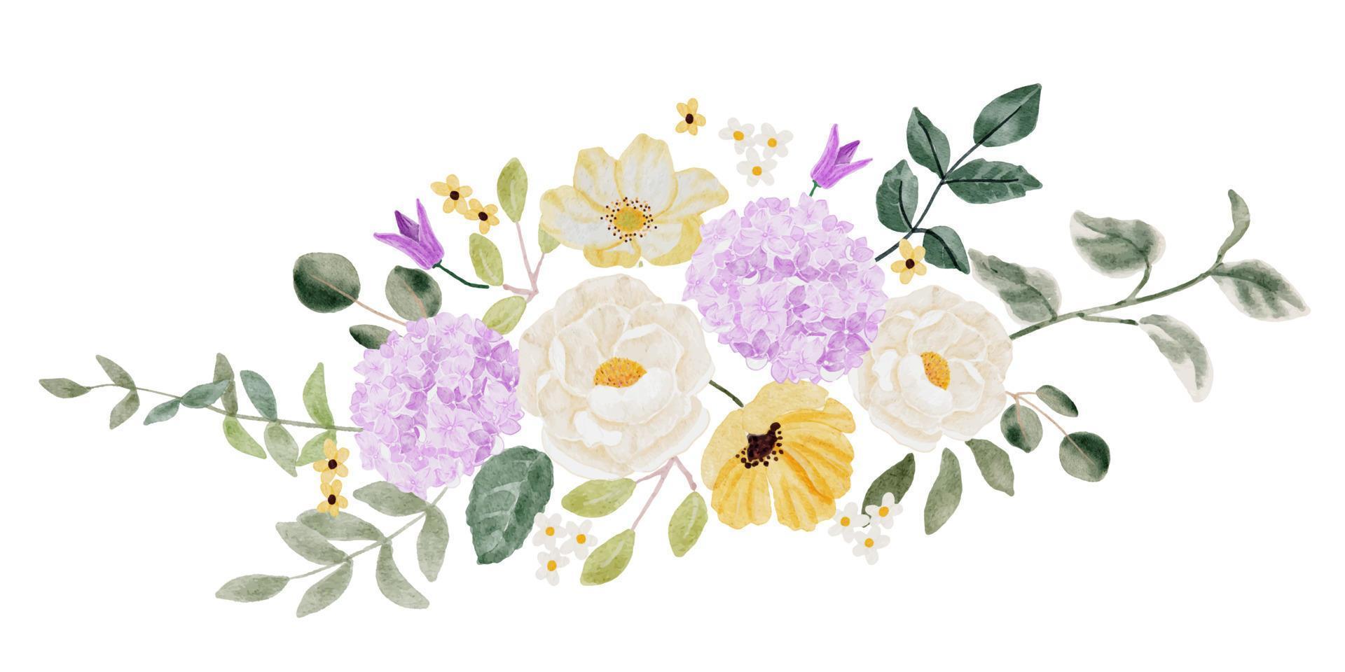 bouquet di fiori di camelia bianca dell'acquerello e ortensia viola vettore