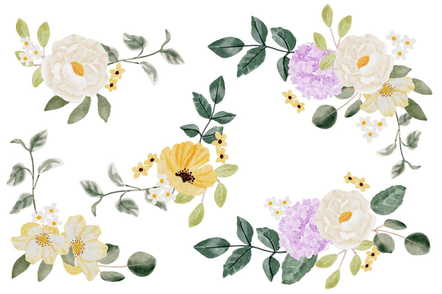collezione di bouquet di fiori di ortensia e fiori selvatici isolati su sfondo bianco pittura digitale vettore