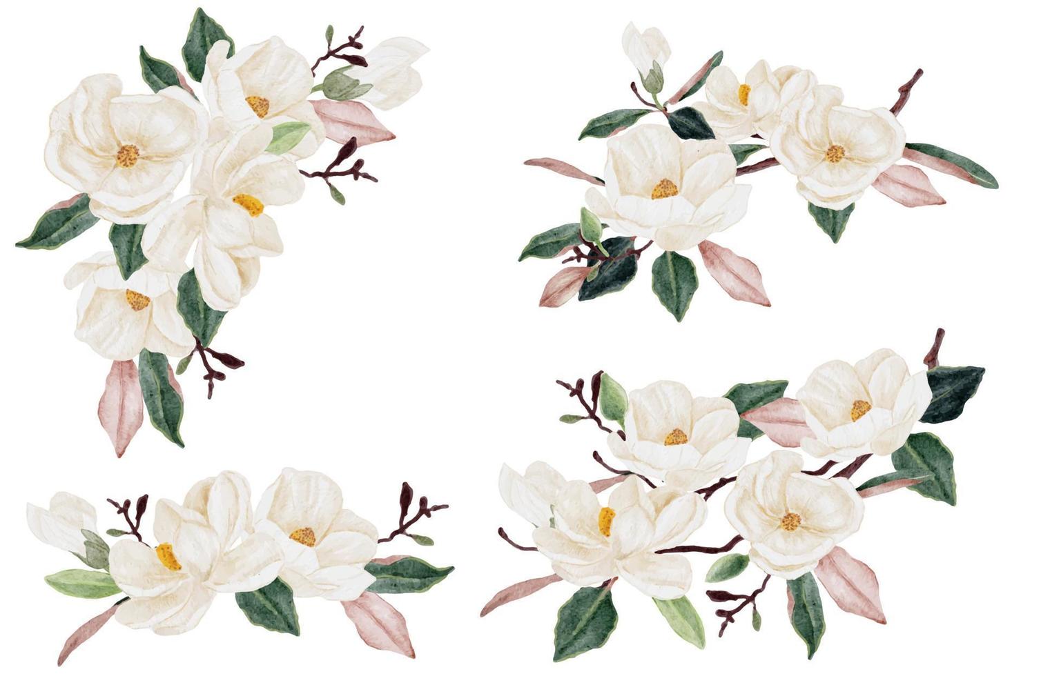 raccolta di clipart di bouquet di fiori e foglie di magnolia bianca dell'acquerello isolata su priorità bassa bianca vettore