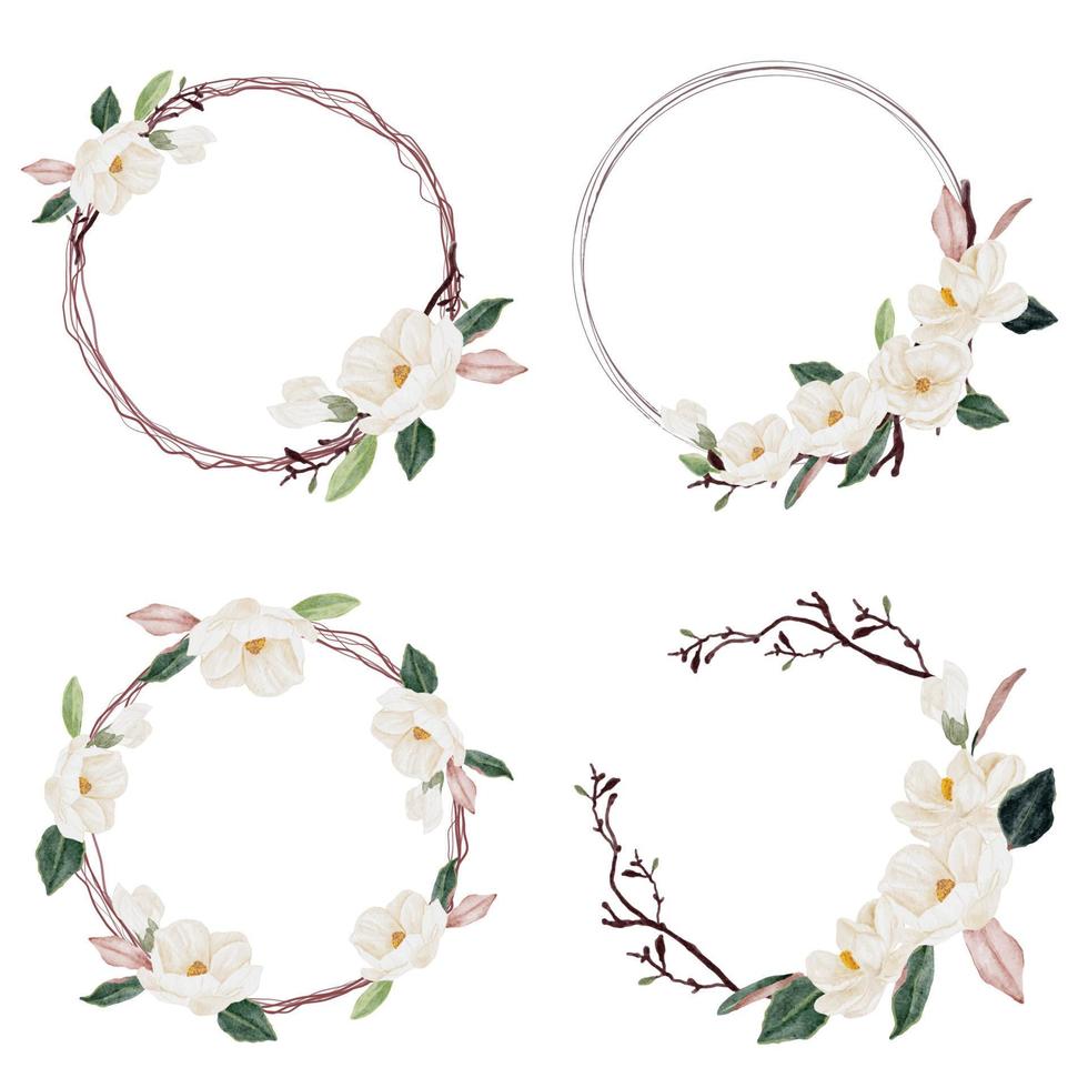 acquerello bianco magnolia fiore e foglia bouquet clipart corona cornice collezione isolata su sfondo bianco vettore